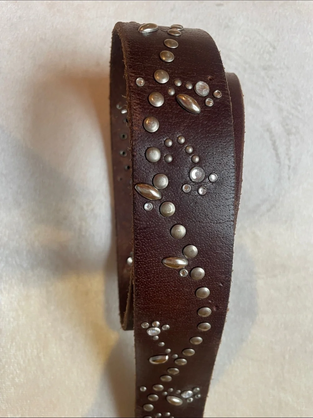 Women's distressed Brown Leather Studded Belt with Decorative Silver Accents and